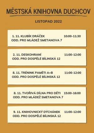 MĚSTSKÁ KNIHOVNA DUCHCOV - PLÁN AKCÍ NA LISTOPAD 2022